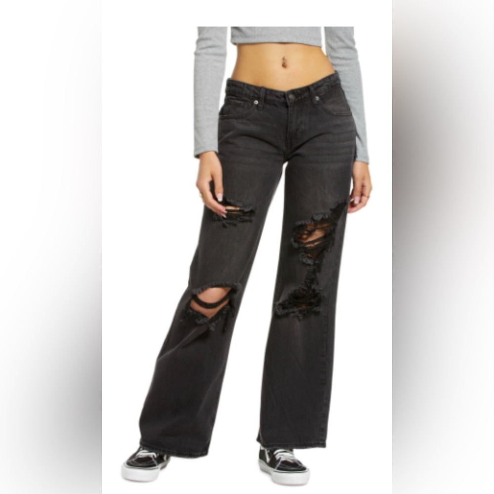 BP. Women's Destroyed Wide Leg Jeans (Black Destroy)